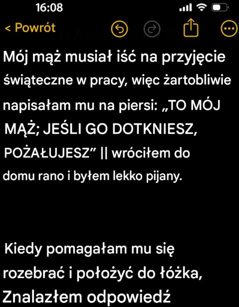 Przed firmowym przyjęciem świątecznym napisałam zabawną wiadomość na piersi mojego męża i otrzymałam niespodziewaną odpowiedź.