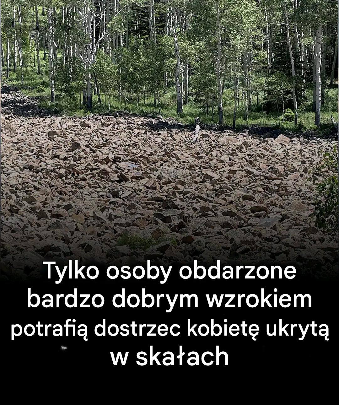 Tylko osoby z bardzo dobrym wzrokiem mogą dostrzec kobietę ukrytą w skałach.