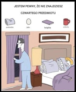 Czy potrafisz wskazać książkę, jajko, kubek i poduszkę?