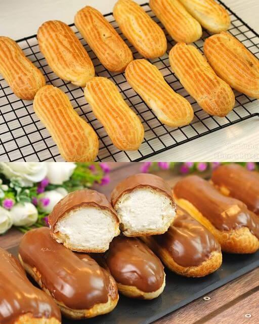 Pâte à choux classique fourrée à la crème et glaçage au chocolat Recette complète ci-dessous 👇👇👇