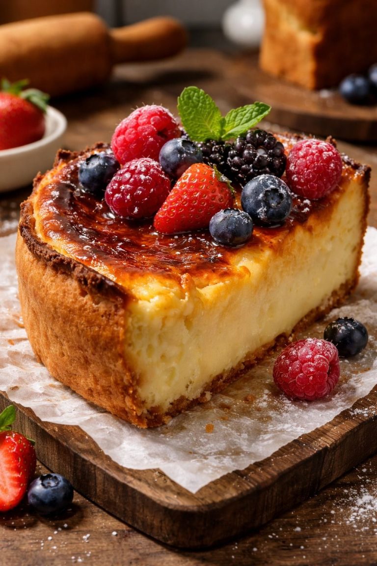 Sernik baskijski z czerwonymi jagodami (bardzo kremowy)