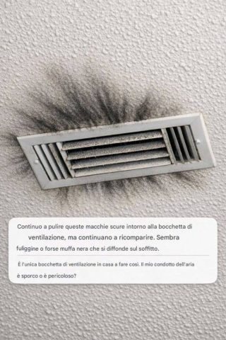 Continuo a pulire queste macchie scure intorno alla bocchetta di ventilazione, ma continuano a ricomparire. Sembra fuliggine o forse muffa nera che si sta diffondendo sul soffitto. Articolo completo 👇 💬