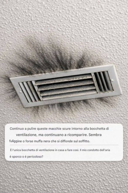 Continuo a pulire queste macchie scure intorno alla bocchetta di ventilazione, ma continuano a ricomparire. Sembra fuliggine o forse muffa nera che si sta diffondendo sul soffitto. Articolo completo 👇 💬